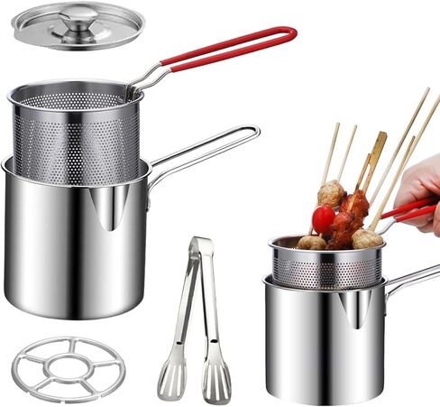 Deep Fryer Pot Set, Small Deep Fryer Pot with Handle & Strainer Basket, Oil Strainer Container, Bacon Grease Saver Stainless Steel Frying Pan for French Fries, Fish, Chicken in Kuwait