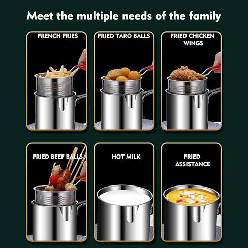Deep Fryer Pot Set, Small Deep Fryer Pot with Handle & Strainer Basket, Oil Strainer Container, Bacon Grease Saver Stainless Steel Frying Pan for French Fries, Fish, Chicken in Kuwait