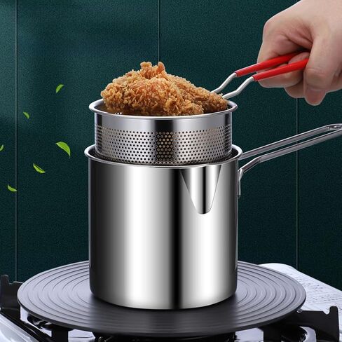 Deep Fryer Pot Set, Small Deep Fryer Pot with Handle & Strainer Basket, Oil Strainer Container, Bacon Grease Saver Stainless Steel Frying Pan for French Fries, Fish, Chicken in Kuwait