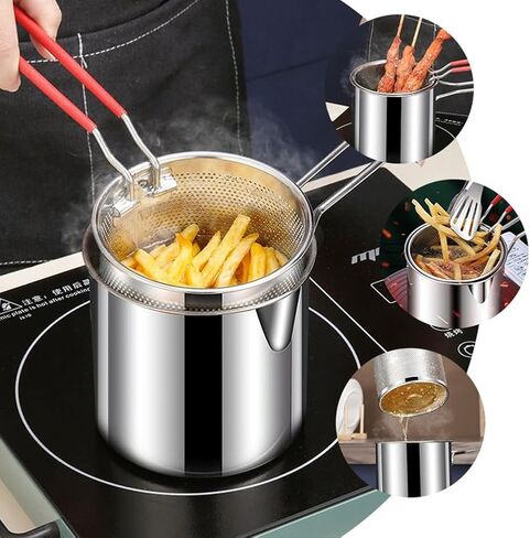 Deep Fryer Pot Set, Small Deep Fryer Pot with Handle & Strainer Basket, Oil Strainer Container, Bacon Grease Saver Stainless Steel Frying Pan for French Fries, Fish, Chicken in Kuwait