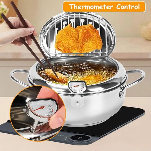 Deep Fryer Pot,11"/ 4.4 QTJapanese Tempura Deep Fryer With Thermometer Lid And Oil Drip Drainer Rack Stainless Steel for French Fries Chicken Wings and Shrimp 7.9 Inch Deep Fryer Pot in Saudi Arabia