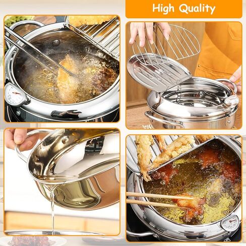 Deep Fryer Pot,11"/ 4.4 QTJapanese Tempura Deep Fryer With Thermometer Lid And Oil Drip Drainer Rack Stainless Steel for French Fries Chicken Wings and Shrimp 7.9 Inch Deep Fryer Pot in Saudi Arabia