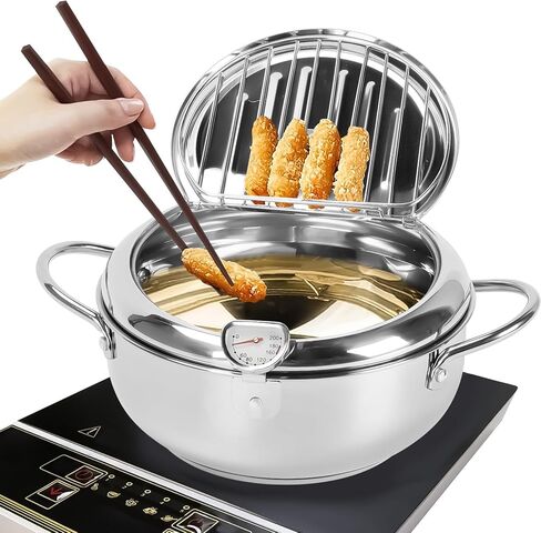 Deep Fryer Pot,11"/ 4.4 QTJapanese Tempura Deep Fryer With Thermometer Lid And Oil Drip Drainer Rack Stainless Steel for French Fries Chicken Wings and Shrimp 7.9 Inch Deep Fryer Pot in Saudi Arabia