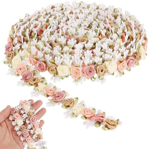 3 Yards Flower Lace Edge Trim, 3D Floral Embroidered Lace Trim, Multicolor Ribbon Rose Pearl Beads Applique, DIY Decoration Craft Supplies for Clothes, Headbands, Bags in Saudi Arabia
