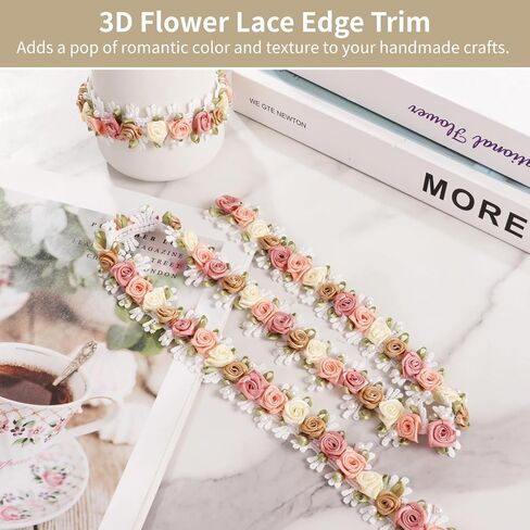 3 Yards Flower Lace Edge Trim, 3D Floral Embroidered Lace Trim, Multicolor Ribbon Rose Pearl Beads Applique, DIY Decoration Craft Supplies for Clothes, Headbands, Bags in Saudi Arabia