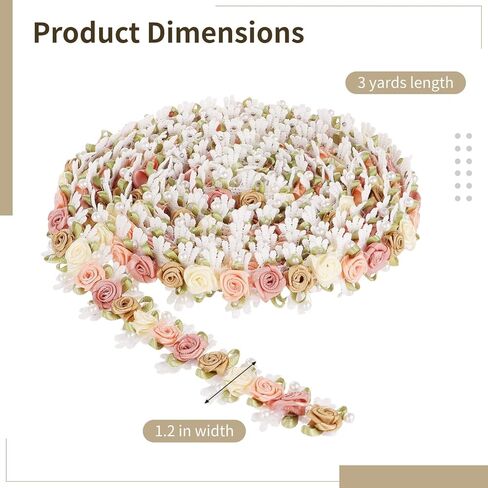 3 Yards Flower Lace Edge Trim, 3D Floral Embroidered Lace Trim, Multicolor Ribbon Rose Pearl Beads Applique, DIY Decoration Craft Supplies for Clothes, Headbands, Bags in Saudi Arabia