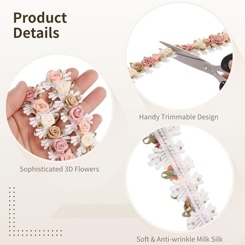3 Yards Flower Lace Edge Trim, 3D Floral Embroidered Lace Trim, Multicolor Ribbon Rose Pearl Beads Applique, DIY Decoration Craft Supplies for Clothes, Headbands, Bags in Saudi Arabia