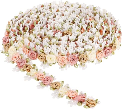 3 Yards Flower Lace Edge Trim, 3D Floral Embroidered Lace Trim, Multicolor Ribbon Rose Pearl Beads Applique, DIY Decoration Craft Supplies for Clothes, Headbands, Bags in Saudi Arabia