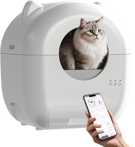 صندوق فضلات القطط الأوتوماتيكي، صندوق فضلات القطط ذاتي التنظيف للقطط المتعددة بسعة كبيرة، مستشعر أمان يتحكم فيه التطبيق، التخلص من النفايات بدون رائحة، 1 لفة من أكياس القمامة، أبيض (أبيض-1.0) in Kuwait