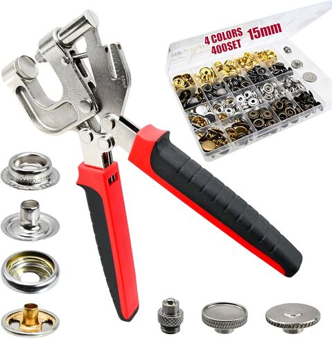 مجموعة أدوات التثبيت بالإطباق، 4 ألوان 400 قطعة من أزرار كبس غطاء القارب مع أداة تثبيت مدمجة، أزرار كبس قماشية 15 مم للجلد والملابس والأعمال اليدوية اليدوية in Kuwait