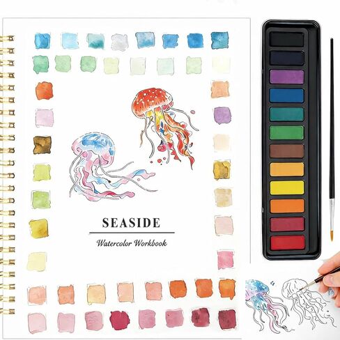 Beginner Watercolor Painting Kit with Seaside Watercolor Workbook, 12 Colors Watercolor Paint Set, Paint Brushes Included, Easy Art Set for Beginners in Saudi Arabia