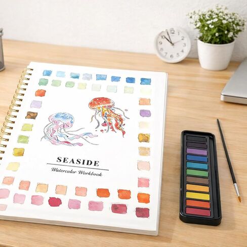 Beginner Watercolor Painting Kit with Seaside Watercolor Workbook, 12 Colors Watercolor Paint Set, Paint Brushes Included, Easy Art Set for Beginners in Saudi Arabia