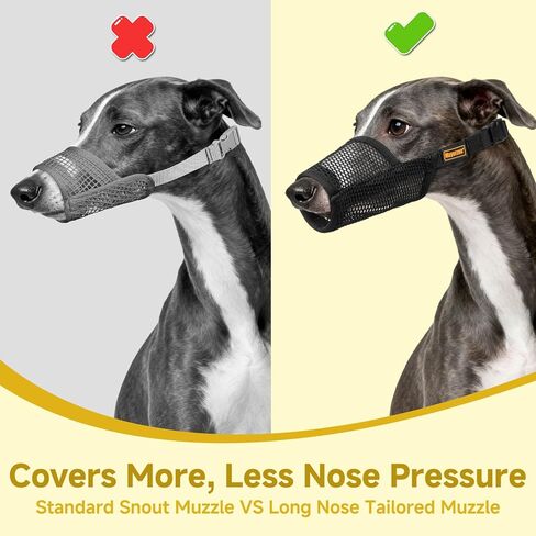 Mayerzon Greyhound Dog كمامة، كمامة شبكية ناعمة للكلاب طويلة الأنف لمنع الإفراط في العض والمضغ، مناسبة لزيارات الطبيب البيطري أثناء المشي، مما يسمح بتنفس الشرب (أسود، M) in Kuwait