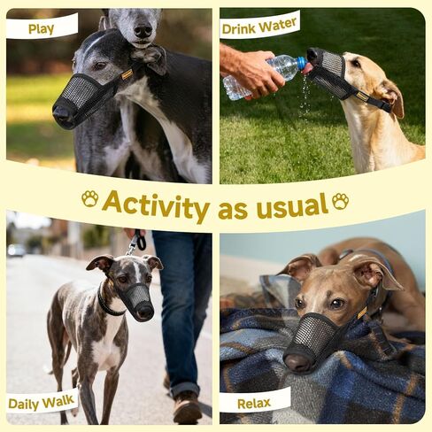 Mayerzon Greyhound Dog كمامة، كمامة شبكية ناعمة للكلاب طويلة الأنف لمنع الإفراط في العض والمضغ، مناسبة لزيارات الطبيب البيطري أثناء المشي، مما يسمح بتنفس الشرب (أسود، M) in Kuwait