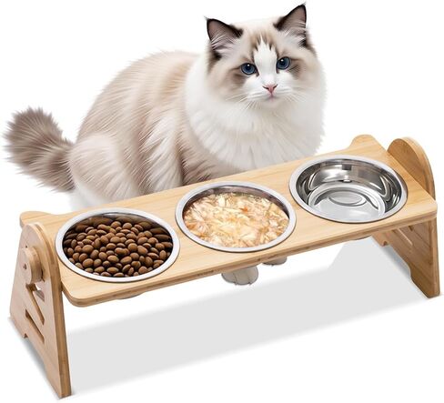 Raised Cat Bowl Stand with 3 Stainless Steel Bowls - 4-Level Height & 15° Angle Adjustable to Promote Proper Eating Posture, Natural Bamboo Base & Anti-Slip Mat for All Life Stages in Saudi Arabia
