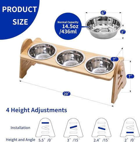Raised Cat Bowl Stand with 3 Stainless Steel Bowls - 4-Level Height & 15° Angle Adjustable to Promote Proper Eating Posture, Natural Bamboo Base & Anti-Slip Mat for All Life Stages in Saudi Arabia