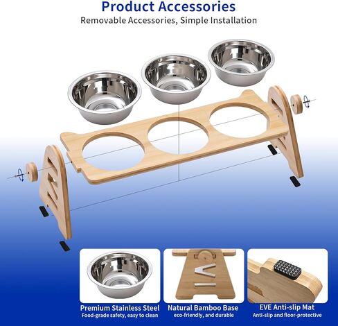 Raised Cat Bowl Stand with 3 Stainless Steel Bowls - 4-Level Height & 15° Angle Adjustable to Promote Proper Eating Posture, Natural Bamboo Base & Anti-Slip Mat for All Life Stages in Saudi Arabia