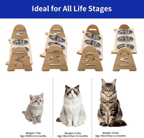 Raised Cat Bowl Stand with 3 Stainless Steel Bowls - 4-Level Height & 15° Angle Adjustable to Promote Proper Eating Posture, Natural Bamboo Base & Anti-Slip Mat for All Life Stages in Saudi Arabia