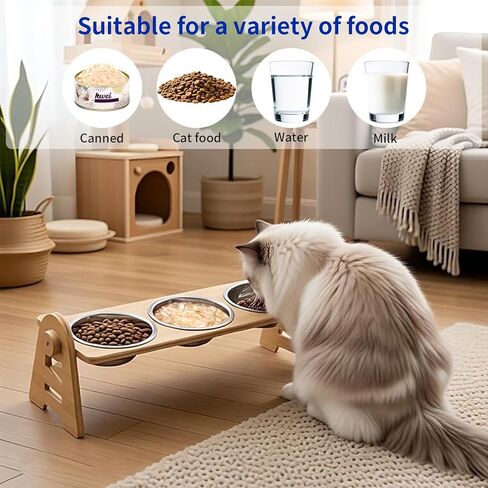 Raised Cat Bowl Stand with 3 Stainless Steel Bowls - 4-Level Height & 15° Angle Adjustable to Promote Proper Eating Posture, Natural Bamboo Base & Anti-Slip Mat for All Life Stages in Saudi Arabia
