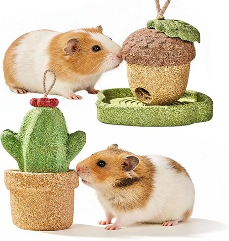 2 Pack Guinea Pig Chew Toys Natural Rabbit Chew Toys Hamster Molar Teeth Toys, Made with Natural Timothy Grass & Vegetables, Mushroom & Tree Shaped Habitat Decoration, Small Animal Toys in Kuwait