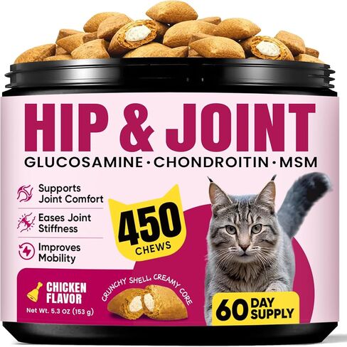 Glucosamine for Cats, Cat Joint Supplement with Chondroitin, Omega-3s & Green-Lipped Mussel, Pain Relief Crunchy & Creamy Treats for Senior Cats, Hip & Joint, Mobility & Flexibility Support -450 Chews in Saudi Arabia
