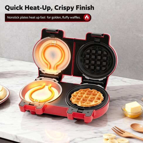 4" Waffle Maker with Removable Plates, 2-in-1 Nonstick Waffle Maker, Independent Dual Heating, Compact Design for Festive Family Breakfasts (228AK) in Kuwait