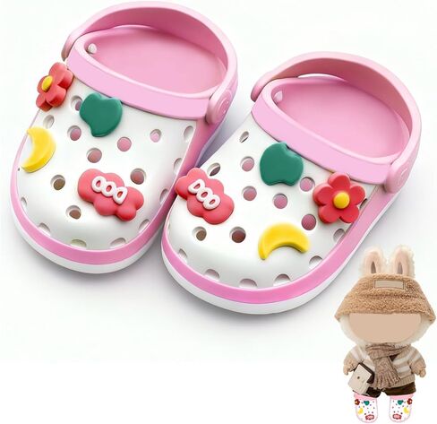 Doll Shoes,6.7in(17cm) Plastic Doll Dress up Shoes,Doll Decoration Accessories for Mini Clog Shoes with Cute Decoratives,Dual-Tone Oil Painting Design with Removable Ornament (Pink) in Saudi Arabia