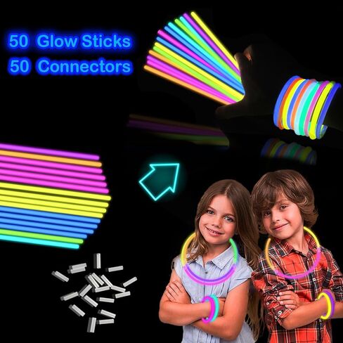 Glow Sticks Party Pack 8"-50, Light up Bracelets & Necklaces Accessories for Kids, Neon Glow in the Dark Valentines Day Party Favor Supplies Decoration for Birthday Camping Wedding Dance Parade in Kuwait