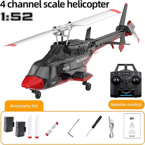 A61 Airwolf طائرة هليكوبتر تعمل بالتحكم عن بعد 4CH RC Heli Aileronless 1/42 مقياس جيروسكوب 6 محاور ارتفاع يحوم موضع التدفق البصري بطاريتين للبالغين المبتدئين/أسود وأحمر in Saudi Arabia