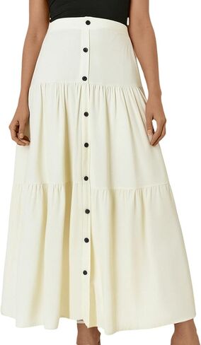 Women's Vintage Midi Skirts Elastic High Waist Button Slit Ruffle Tiered A Line Flowy Skirt with Pockets 2025 Clothes in Saudi Arabia