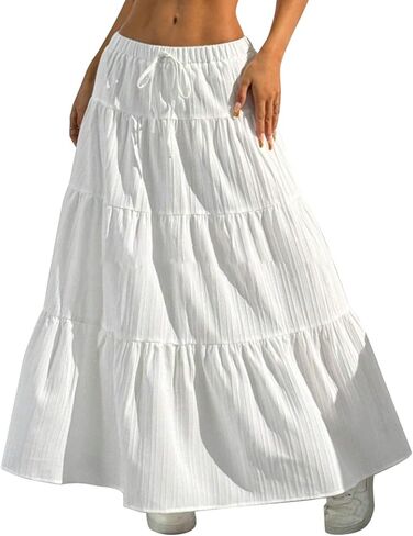 Women's Flowy Maxi Skirt Boho Flared Ruffle Elastic High Waisted Pleated Tiered Summer Long Skirts with Pockets in Saudi Arabia