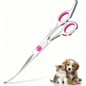 مقص منحني لتصفيف الكلاب، مقصات تزيين الحيوانات الأليفة من الفولاذ المقاوم للصدأ من Fcysy مع طرف دائري آمن، مقص منحني لتصفيف الكلاب للوجه والقطط والساقين والأذنين - وردي in Kuwait