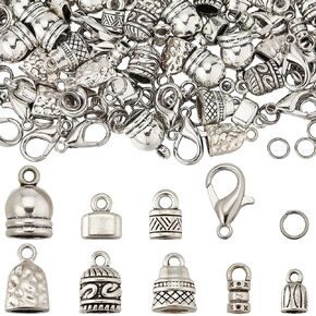 صندوق واحد من SUNNYCLUE 230 قطعة من سوار Kumihimo ذو نهاية سلك فضي عتيق من سبيكة معدنية فضية في أغطية نهاية سلسلة من الجلد بشرابة مجعدة مع مشبك Lobtser وحلقة قفز لصناعة المجوهرات in Kuwait