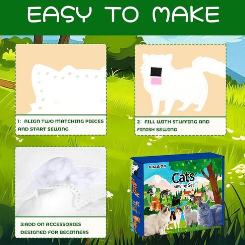مجموعة الخياطة GOASION للأطفال، مجموعة الخياطة للأطفال القطط، تصميم مثقوب مسبقًا للزينة المعلقة DIY، حلمة الخياطة للمبتدئين من سن 8 إلى 12 عامًا، هدية عيد ميلاد للأولاد والبنات in Kuwait
