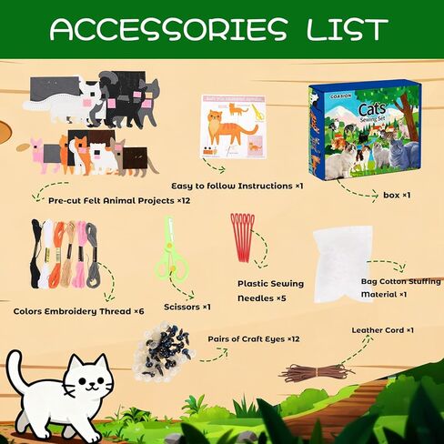 مجموعة الخياطة GOASION للأطفال، مجموعة الخياطة للأطفال القطط، تصميم مثقوب مسبقًا للزينة المعلقة DIY، حلمة الخياطة للمبتدئين من سن 8 إلى 12 عامًا، هدية عيد ميلاد للأولاد والبنات in Kuwait