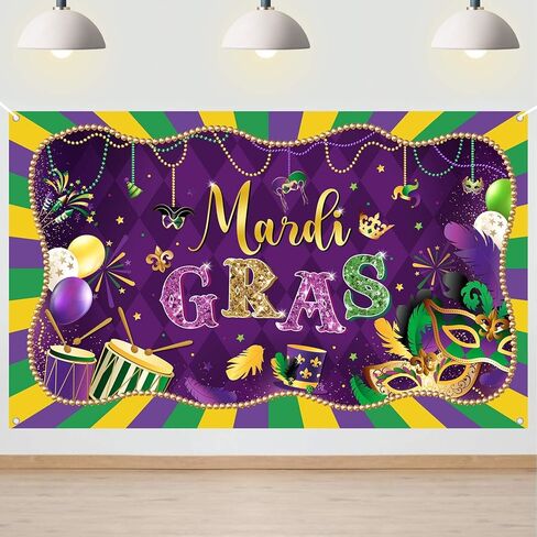 Avezano Mardi Gras Backdrop Purple Happy Mardi Gras Decorations Banner Purple Gold Mask Carnival Masquerade Party Photography Background Banner (6x3.6ft) in Saudi Arabia