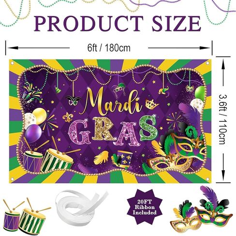 Avezano Mardi Gras Backdrop Purple Happy Mardi Gras Decorations Banner Purple Gold Mask Carnival Masquerade Party Photography Background Banner (6x3.6ft) in Saudi Arabia