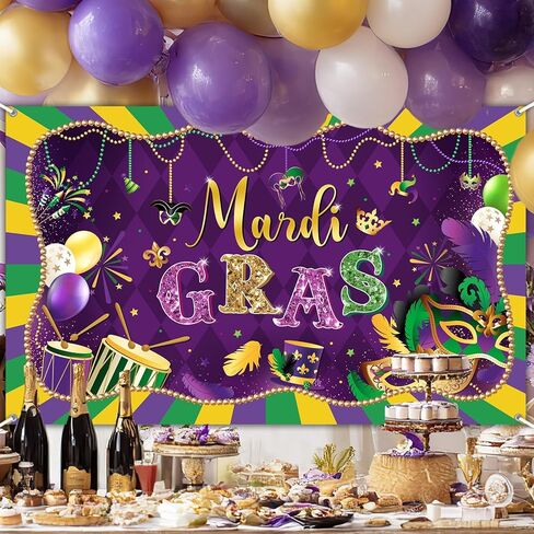 Avezano Mardi Gras Backdrop Purple Happy Mardi Gras Decorations Banner Purple Gold Mask Carnival Masquerade Party Photography Background Banner (6x3.6ft) in Saudi Arabia