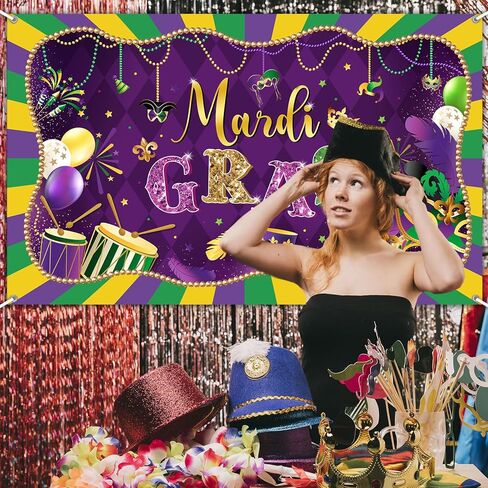 Avezano Mardi Gras Backdrop Purple Happy Mardi Gras Decorations Banner Purple Gold Mask Carnival Masquerade Party Photography Background Banner (6x3.6ft) in Saudi Arabia