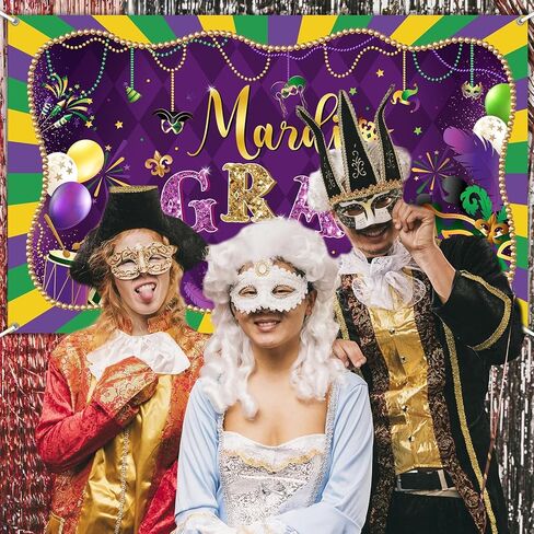 Avezano Mardi Gras Backdrop Purple Happy Mardi Gras Decorations Banner Purple Gold Mask Carnival Masquerade Party Photography Background Banner (6x3.6ft) in Saudi Arabia