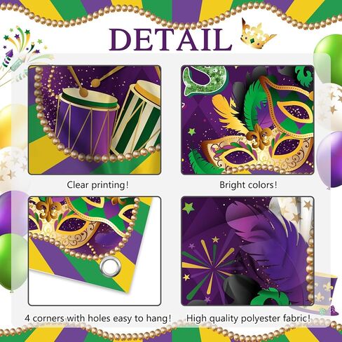 Avezano Mardi Gras Backdrop Purple Happy Mardi Gras Decorations Banner Purple Gold Mask Carnival Masquerade Party Photography Background Banner (6x3.6ft) in Saudi Arabia
