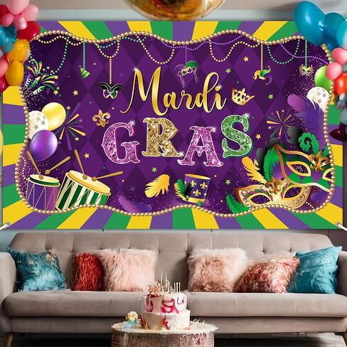 لافتة خلفية Avezano Mardi Gras خلفية أرجوانية Happy Mardi Gras لافتة قناع ذهبي أرجواني كرنفال حفلة تنكرية خلفية تصوير فوتوغرافي (6 × 3.6 قدم) in Kuwait