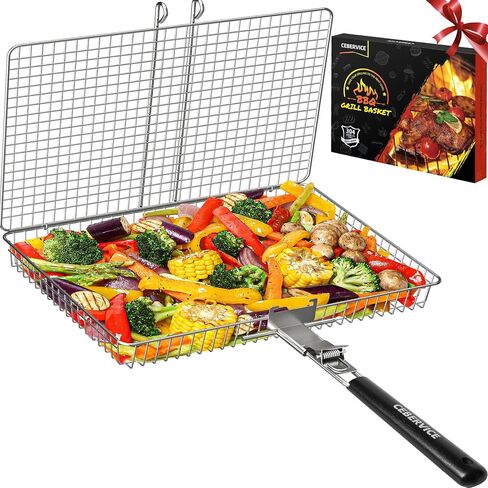 CEBERVICE Grill Basket Extra Large, SUS304 Food Safe Stainless Steel, Portable Folding BBQ Outdoor Camping Grilling Rack for Fish, Vegetables, Shrimp, Barbeque Griller Cooking Accessories, Grilling Gifts for Men, Dad, Father, Husband in Saudi Arabia