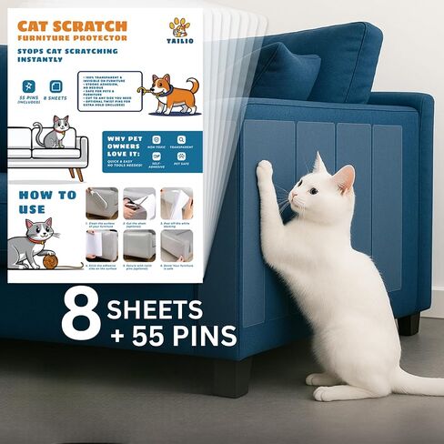 Anti Cat Scratch Furniture Protector, 8-Pack Durable Couch Protector from Cat Claws with 55 Twist Pins for Ultimate Heavy-Duty Transparent Scratch Deterrent for Sofa, Walls & Doors in Saudi Arabia
