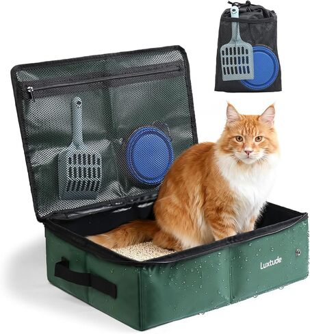 Luxtude Portable Travel Litter Box for Cats, Waterproof & Smell-Proof Collapsible Cat Litter Box with Lid, Sturdy Shape and Hard Bottom for Car, Hotel, and Outdoor Use(Green, Medium) in Kuwait