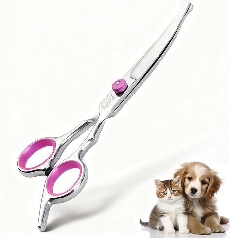 Curved Scissors for Dog Grooming, Fcysy Stainless Steel Pet Grooming Shears with Safety Round Tip, Curved Dog Grooming Scissors for Dogs & Cats Face, Legs, Ears – Pink in Saudi Arabia