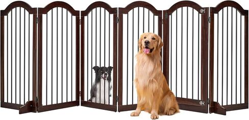 بوابة الكلاب برايم زون بعرض إضافي 144 بوصة - بوابات جرو خشبية قائمة بذاتها من خشب السنط الصلب بطول 91.44 سم مع باب، سياج داخلي قابل للطي للحيوانات الأليفة للمداخل والسلالم وأقدام الدعم متضمنة، بني in Kuwait