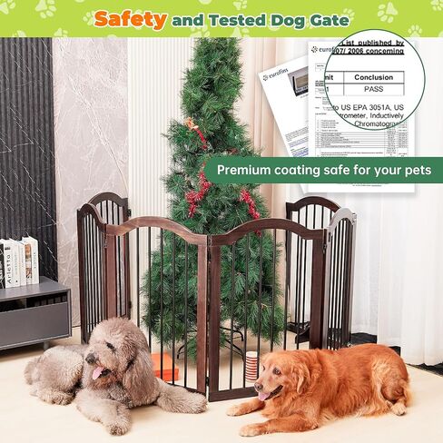 بوابة الكلاب برايم زون بعرض إضافي 144 بوصة - بوابات جرو خشبية قائمة بذاتها من خشب السنط الصلب بطول 91.44 سم مع باب، سياج داخلي قابل للطي للحيوانات الأليفة للمداخل والسلالم وأقدام الدعم متضمنة، بني in Kuwait