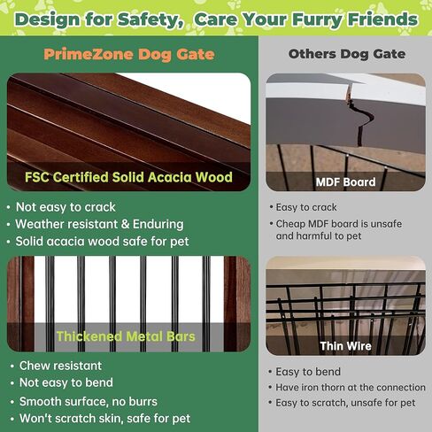 بوابة الكلاب برايم زون بعرض إضافي 144 بوصة - بوابات جرو خشبية قائمة بذاتها من خشب السنط الصلب بطول 91.44 سم مع باب، سياج داخلي قابل للطي للحيوانات الأليفة للمداخل والسلالم وأقدام الدعم متضمنة، بني in Kuwait