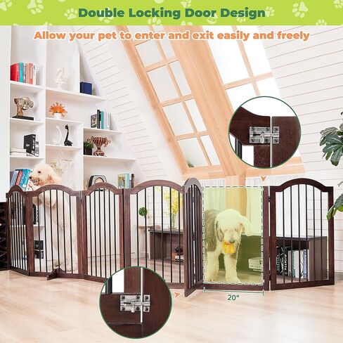 بوابة الكلاب برايم زون بعرض إضافي 144 بوصة - بوابات جرو خشبية قائمة بذاتها من خشب السنط الصلب بطول 91.44 سم مع باب، سياج داخلي قابل للطي للحيوانات الأليفة للمداخل والسلالم وأقدام الدعم متضمنة، بني in Kuwait